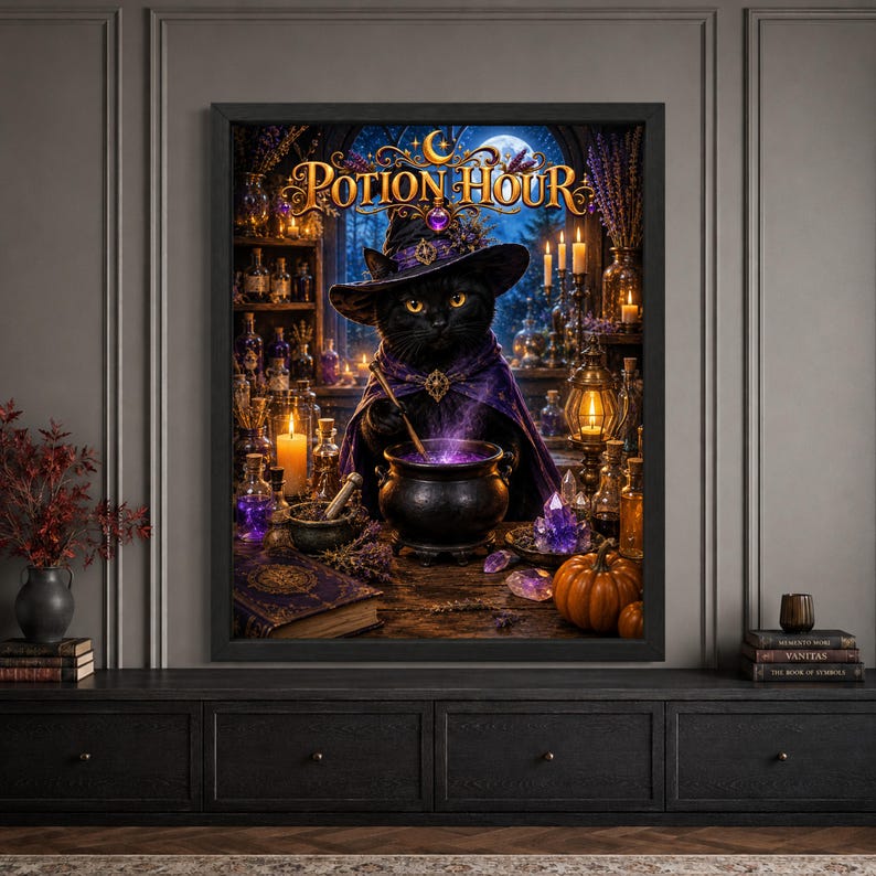 Framed black cat Halloween wall art featuring a witch cat in a purple hat and cloak stirring a glowing potion in a black cauldron, surrounded by crystals, potion bottles, candles and pumpkins beneath ornate “Potion Hour” typography.