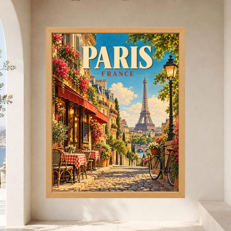 May include: A framed wall art print featuring a street scene in Paris, France, with the Eiffel Tower in the distance. The image shows a cobblestone path, a cafe with red and white checkered tablecloths, a black bicycle, and a tall street lamp.