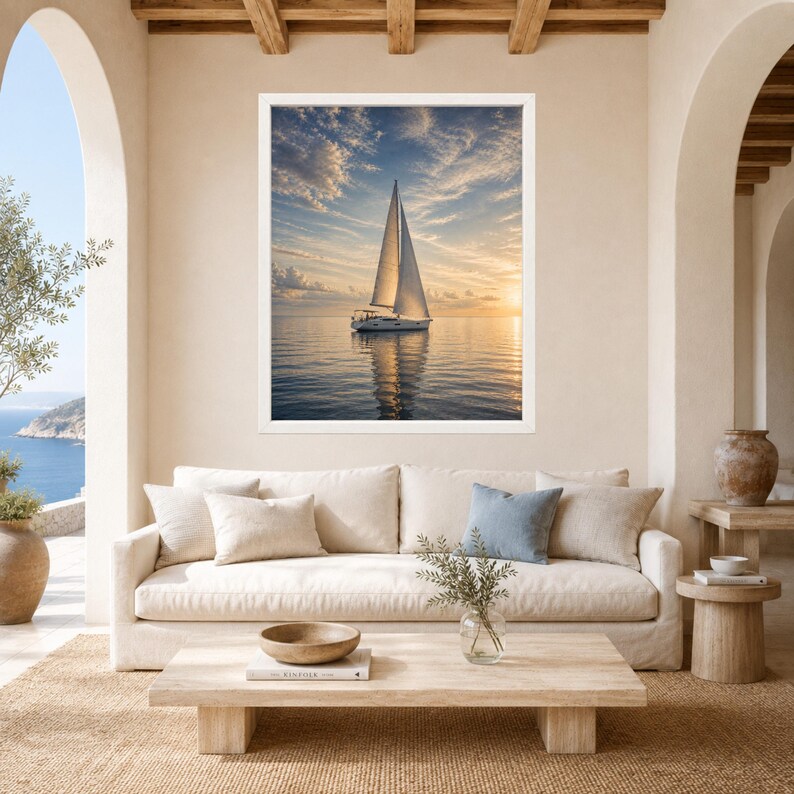 May include: A framed wall art print featuring a white sailboat on calm water under a sunset sky with wispy clouds. The sailboat is centered, casting a reflection on the water surface. The scene is captured in soft golden and blue light tones.