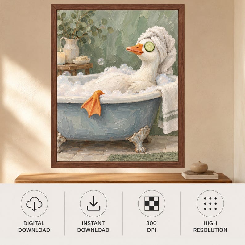 Spa Duck Bath Print, Cucumber Eyes, Sage Green Bathroom Art (Digital Download) image 10