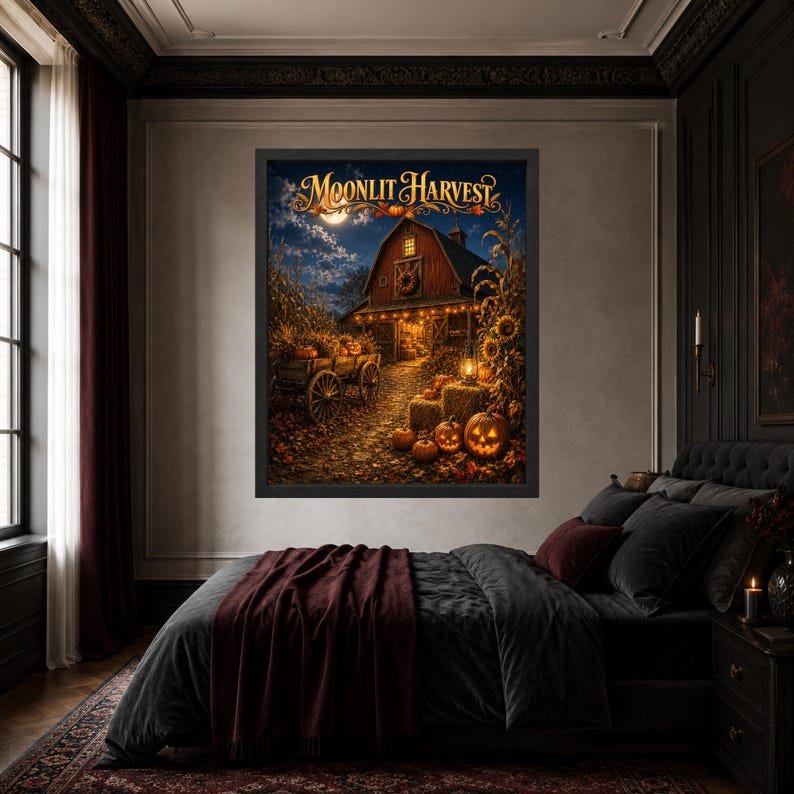 May include: A framed wall art print titled Moonlit Harvest featuring a rustic red barn at night under a full moon. The scene includes a wooden wagon, hay bales, and glowing jack-o'-lanterns surrounded by autumn foliage and sunflowers.
