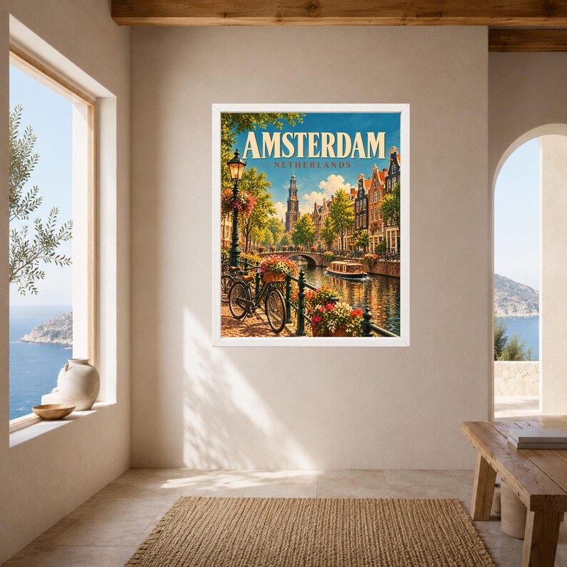 Amsterdam Travel Poster, Netherlands Wall Art, Canal Bicycle Print, Dutch City Decor, Digital Download image 8