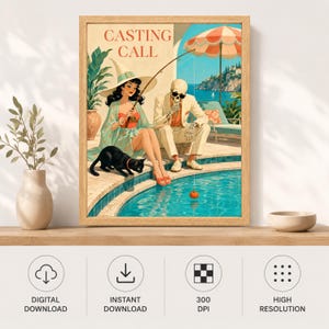 May include: A framed art print titled CASTING CALL featuring a woman in a witch hat and a skeleton in a suit sitting by a swimming pool. A black cat sits nearby, and the skeleton holds a fishing rod with a small orange pumpkin as bait.