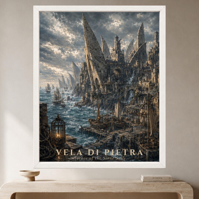 May include: A framed wall art print titled VELA DI PIETRA Harbor of the Stone Sails, depicting a dark, detailed coastal scene with towering stone structures, sailing ships on choppy water, a glowing lantern in a cage, and a cloudy sky.