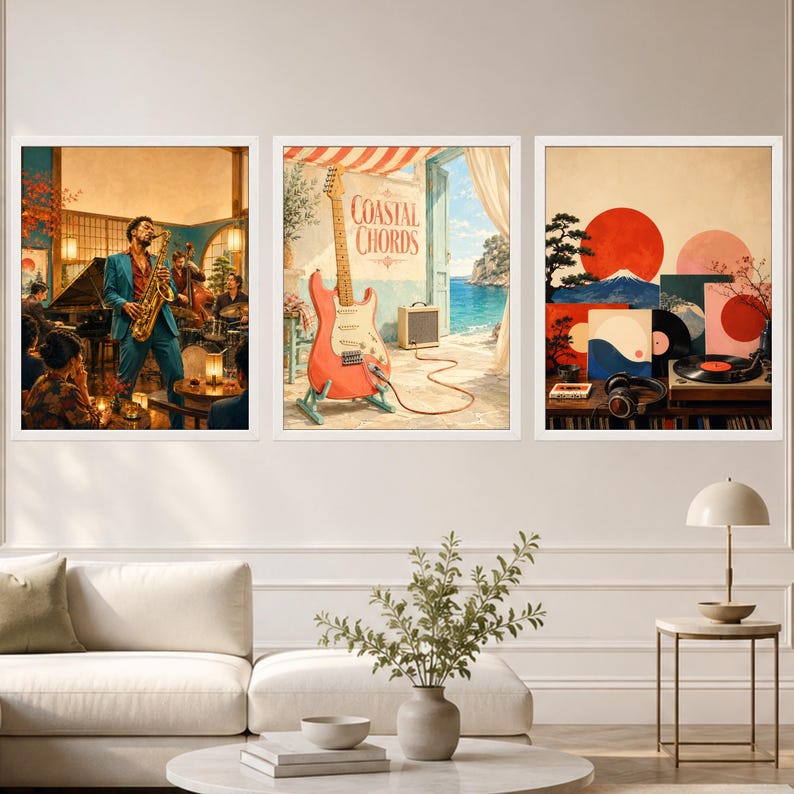 May include: Three framed wall art prints. The left shows a jazz band with a saxophonist. The centre displays a red electric guitar on a stand with the text Coastal Chords. The right features a record player, headphones, and abstract sun motifs.