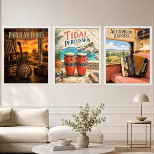 May include: Three framed wall art prints featuring musical themes. The left print shows a guitar on a porch at sunset with the text Porch Melodies. The center print depicts two conga drums by the sea with the text Tidal Percussion. The right print shows an accordion on a train seat with the text Accordion Express.