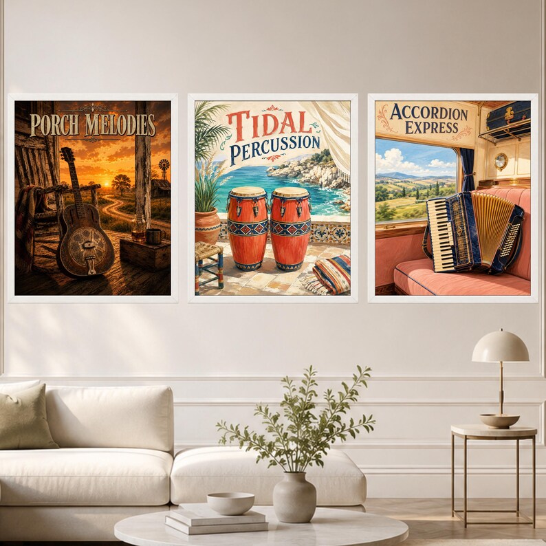 May include: Three framed wall art prints featuring musical themes. The left print shows a guitar on a porch at sunset with the text Porch Melodies. The center print depicts two conga drums by the sea with the text Tidal Percussion. The right print shows an accordion on a train seat with the text Accordion Express.