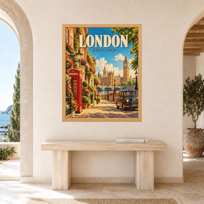 May include: A framed wall art print featuring a vibrant travel poster of London, England. The image displays a classic red telephone box, a black taxi cab, and the Big Ben clock tower under a blue sky. The text LONDON ENGLAND is printed at the top.