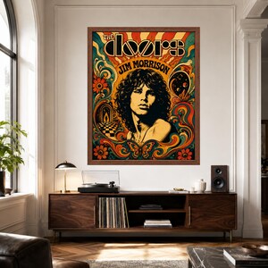 May include: A framed rectangular wall poster featuring a portrait of Jim Morrison with the text The Doors. The artwork displays a vibrant psychedelic design with swirling orange, yellow, teal, and red patterns, flowers, a butterfly, and a chequered floor.