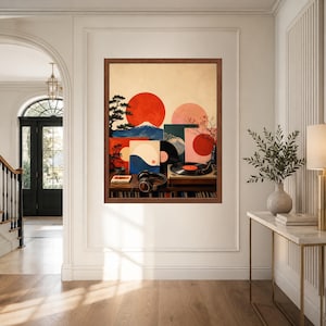 May include: A framed wall art print depicting a stylized landscape with a large red sun, a blue mountain, and a bonsai tree. The composition includes a vinyl record player, a black vinyl disc, and headphones resting on a wooden shelf surface.