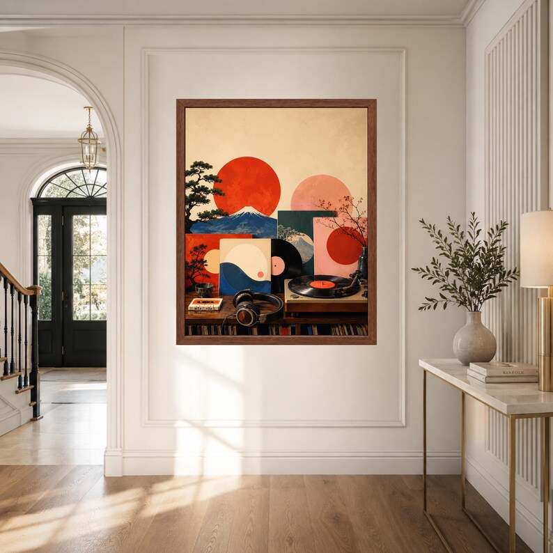 May include: A framed wall art print depicting a stylized landscape with a large red sun, a blue mountain, and a bonsai tree. The composition includes a vinyl record player, a black vinyl disc, and headphones resting on a wooden shelf surface.