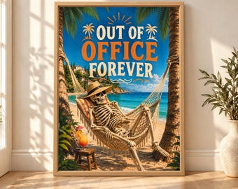Funny Skeleton Beach Hammock Poster, Tropical Vacation Art (Digital Download)