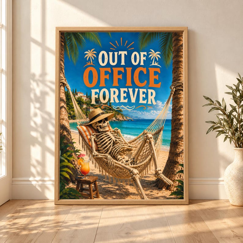 Framed funny skeleton wall art showing a skeleton in sunglasses relaxing in a beach hammock beneath palm trees with a tropical cocktail and the words Out of Office Forever.