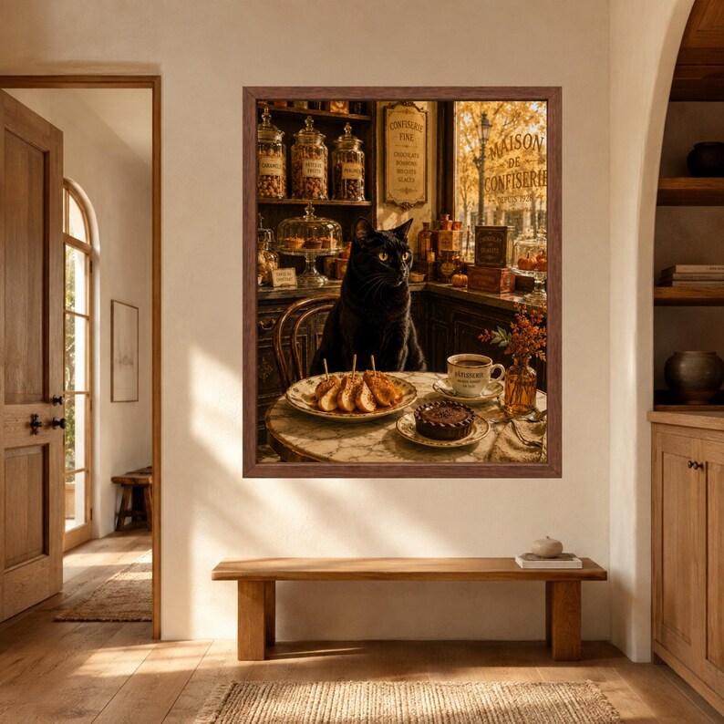 May include: A framed wall art print depicting a black cat sitting at a round marble table in a cafe. The table features a plate of pastries, a small chocolate tart, and a cup of coffee. The background shows shelves with glass jars and text.
