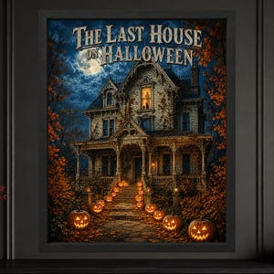 May include: A framed wall art print titled The Last House on Halloween, featuring a Victorian-style house at night with a full moon, surrounded by autumn trees and a stone path lined with glowing jack-o'-lanterns under a dark blue sky.