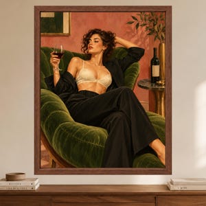 Woman With Wine Wall Art, Green Velvet Lounge Print, Fashion Poster (Digital Download) immagine 2