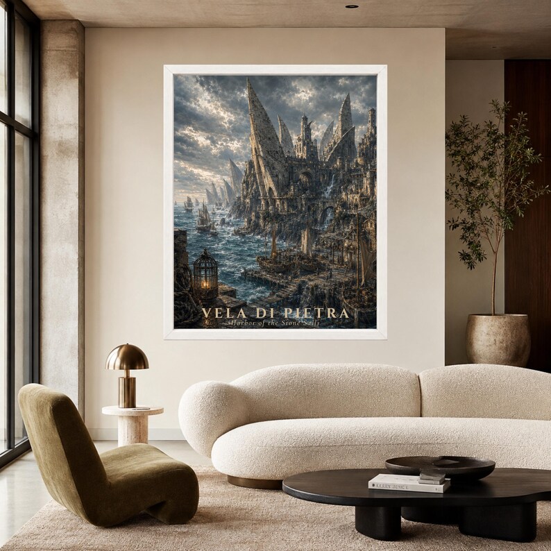 May include: A framed wall art print titled VELA DI PIETRA, featuring a dark, detailed coastal scene with jagged stone structures resembling sails, a turbulent blue sea, wooden ships at a dock, and a glowing lantern in the foreground.