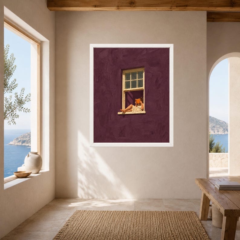 Woman Reading Window Print, Burgundy Wall Art, Minimalist Book Lover Decor (Digital Download) image 7
