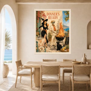 May include: A framed wall art print titled DINNER'S READY featuring a woman in a black witch costume and a skeleton in a suit grilling over a fire. A black cat sits nearby on a patio overlooking the sea with lemon trees and a chalkboard menu.