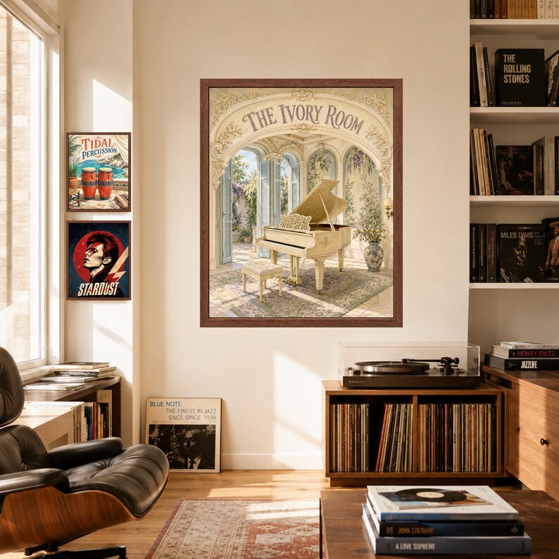 May include: A framed wall art print titled The Ivory Room featuring a grand piano in an ornate, sunlit architectural space with arched doorways and greenery. The artwork is displayed on a wall alongside two smaller framed music-themed posters.