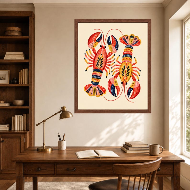 Folk Art Lobster Print, Coastal Kitchen Decor, Nautical Seafood Poster (Digital Download) image 6