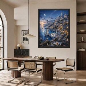 May include: A framed wall art print titled LUNEVARA Harbor of the Crescent Moon, depicting a fantasy coastal city at twilight with a crescent moon, sailboats on blue water, and illuminated stone architecture under a starry night sky.