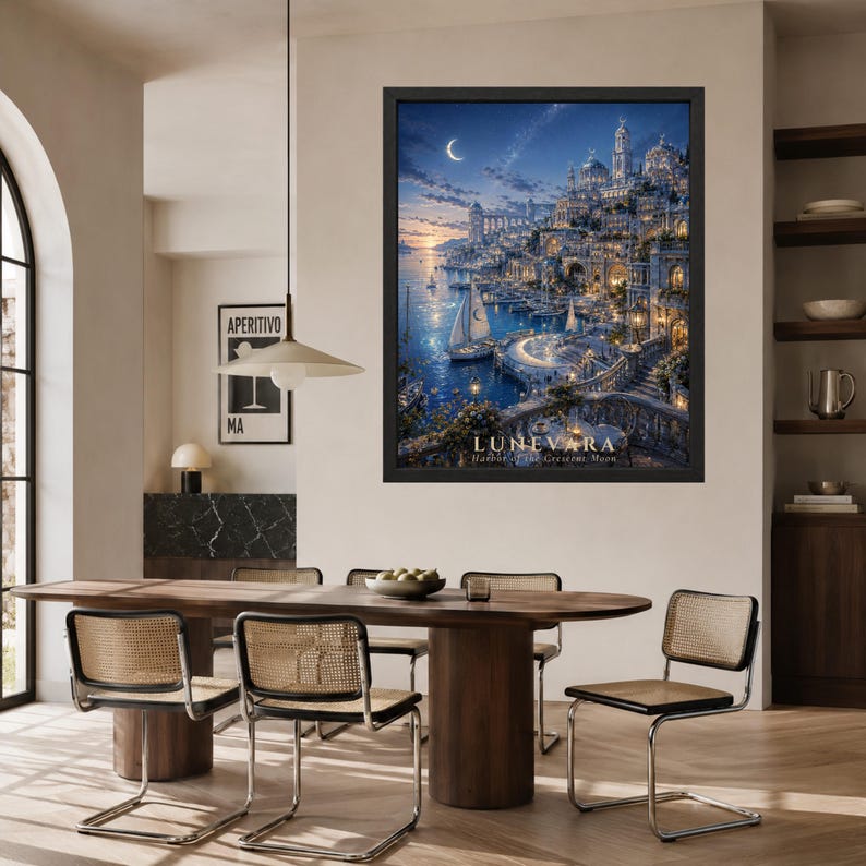 May include: A framed wall art print titled LUNEVARA Harbor of the Crescent Moon, depicting a fantasy coastal city at twilight with a crescent moon, sailboats on blue water, and illuminated stone architecture under a starry night sky.
