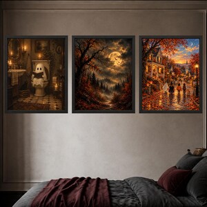 Cuadro decorativo de bosque con luna llena, paisaje otoñal gótico, lámina de murciélago espeluznante de Halloween, descarga digital. imagen 10