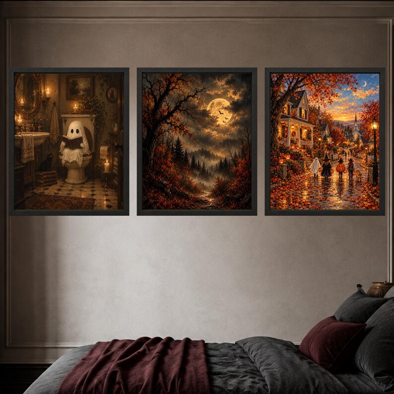 Cuadro decorativo de bosque con luna llena, paisaje otoñal gótico, lámina de murciélago espeluznante de Halloween, descarga digital. imagen 10