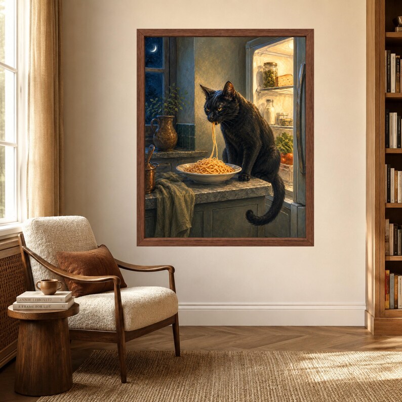 May include: A framed wall art print depicting a black cat sitting on a kitchen counter, eating spaghetti from a bowl. The cat is positioned next to an open refrigerator filled with food items, with a window showing a night sky in the background.