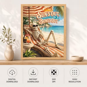 Funny Skeleton Beach Poster, Sun's Out Bones Out, Summer Vacation Art (Digital Download) image 11