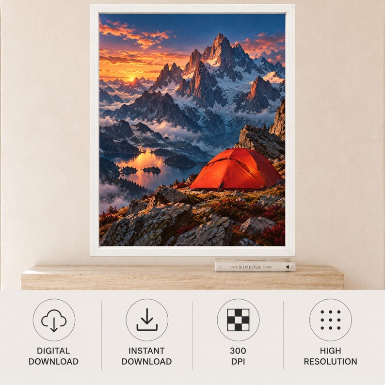 May include: A framed digital print featuring a vibrant orange tent perched on a rocky cliff overlooking a serene lake and snow-capped mountains at sunset. The sky is filled with warm orange and purple hues, and the scene includes a book titled The Kinfolk.