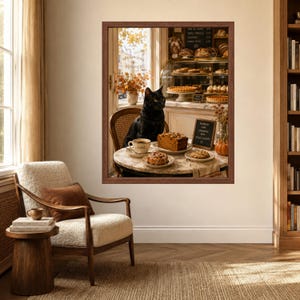 Pode incluir: Uma impress&atilde;o art&iacute;stica emoldurada que mostra um gato preto sentado numa cadeira a uma mesa de m&aacute;rmore numa padaria. A mesa cont&eacute;m uma ch&aacute;vena de caf&eacute;, uma fatia de bolo, um rolo de canela e uma bolacha. Um pequeno quadro negro lista os produtos.