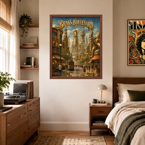 May include: A framed wall art print titled Brass Boulevard featuring a detailed cityscape with golden architectural elements, brass instruments integrated into buildings, a streetcar, and pedestrians under a blue sky with clouds.