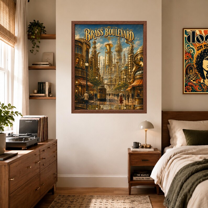 May include: A framed wall art print titled Brass Boulevard featuring a detailed cityscape with golden architectural elements, brass instruments integrated into buildings, a streetcar, and pedestrians under a blue sky with clouds.