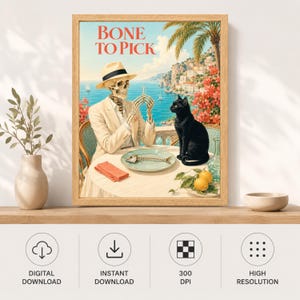 Peut inclure: Une impression d'art encadr&eacute;e intitul&eacute;e BONE TO PICK repr&eacute;sentant un squelette en costume beige et chapeau fedora assis &agrave; une table avec un chat noir. La sc&egrave;ne montre un paysage c&ocirc;tier avec une ar&ecirc;te de poisson, une serviette et des citrons.