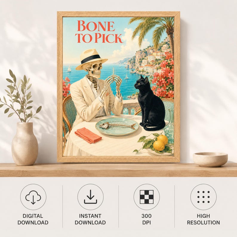 Peut inclure: Une impression d'art encadr&eacute;e intitul&eacute;e BONE TO PICK repr&eacute;sentant un squelette en costume beige et chapeau fedora assis &agrave; une table avec un chat noir. La sc&egrave;ne montre un paysage c&ocirc;tier avec une ar&ecirc;te de poisson, une serviette et des citrons.