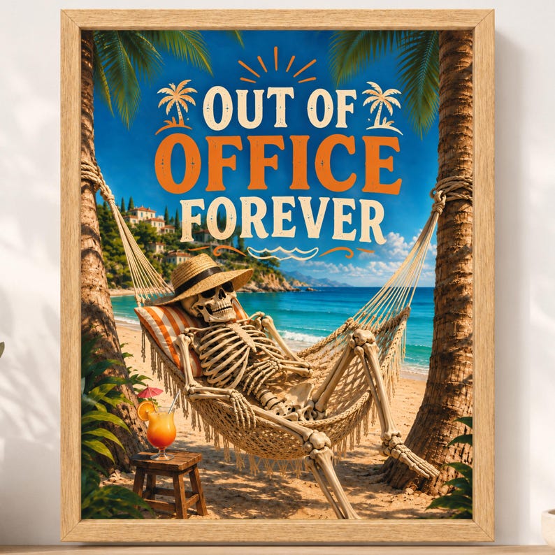 Póster divertido de esqueleto en hamaca de playa, arte de vacaciones tropicales (descarga digital) imagen 2