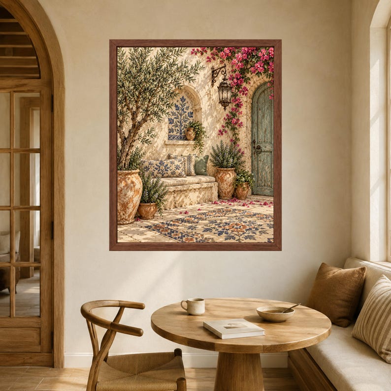 Kunstdruck „Mediterraner Olivenbaumhof“, Bougainvillea-Motiv im toskanischen Villenstil (Digitaler Download) Bild 5