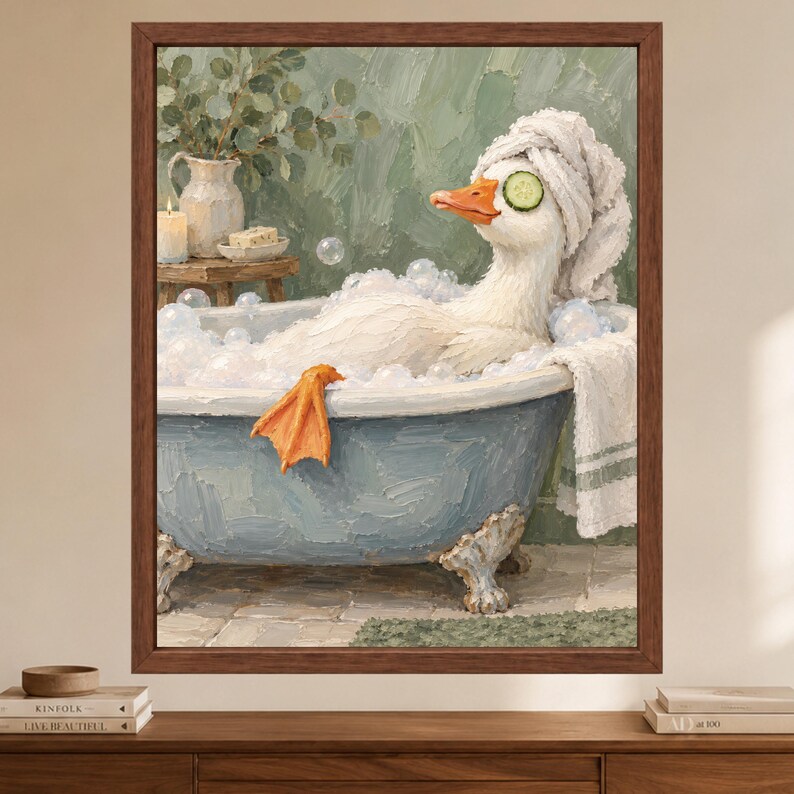 Spa Duck Bath Print, Cucumber Eyes, Sage Green Bathroom Art (Digital Download) image 2