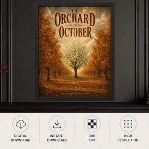 May include: A framed wall art print titled The Orchard in October featuring a central white tree surrounded by rows of orange autumn trees under a cloudy sky. The text The Orchard in October and Vintage Horror Collection is printed on the image.