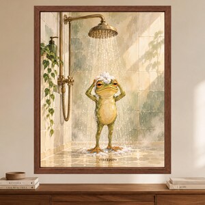 Funny Frog Shower Print, Whimsical Bathroom Art, Sage Green Spa Decor (Digital Download) imagen 2