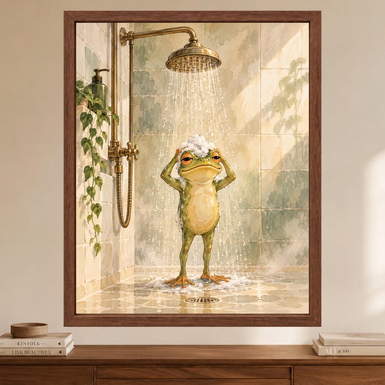 Funny Frog Shower Print, Whimsical Bathroom Art, Sage Green Spa Decor (Digital Download) imagen 2