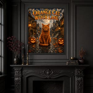 May include: A framed wall art print titled The Orange Cat of Witch Lane featuring an orange cat sitting on a cobblestone street at night. The scene includes glowing jack-o'-lanterns, old buildings, and a full moon in a cloudy sky.
