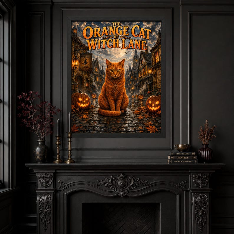 May include: A framed wall art print titled The Orange Cat of Witch Lane featuring an orange cat sitting on a cobblestone street at night. The scene includes glowing jack-o'-lanterns, old buildings, and a full moon in a cloudy sky.