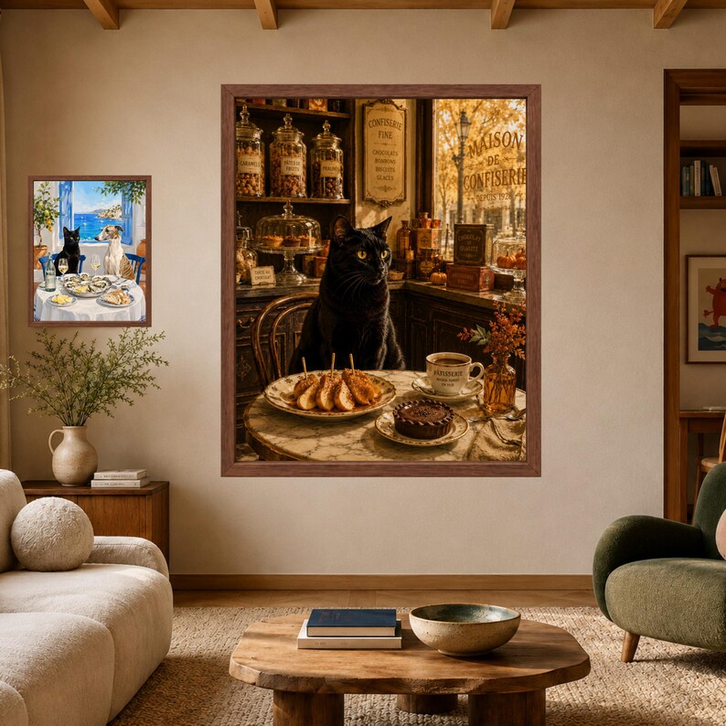 May include: Two framed wall art prints featuring a black cat sitting at a table with food. The larger print shows a black cat in a bakery setting with a plate of pastries and a cup of coffee. The smaller print depicts a black cat and a dog dining.