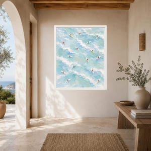 Aerial Surfers Ocean Print, Pastel Blue Coastal Art (Digital Download) image 6