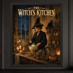 Może przedstawiać: Oprawiony wydruk artystyczny zatytułowany THE WITCH'S KITCHEN przedstawiający osobę w czarnym kapeluszu czarownicy i szacie mieszającą świecący kociołek. Scena zawiera czarnego kota, świece, zioła i dynię na drewnianym stole przy oknie.