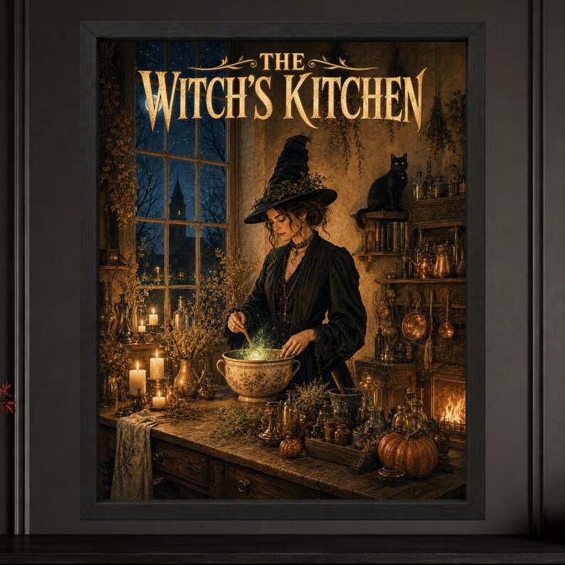 Może przedstawiać: Oprawiony wydruk artystyczny zatytułowany THE WITCH'S KITCHEN przedstawiający osobę w czarnym kapeluszu czarownicy i szacie mieszającą świecący kociołek. Scena zawiera czarnego kota, świece, zioła i dynię na drewnianym stole przy oknie.