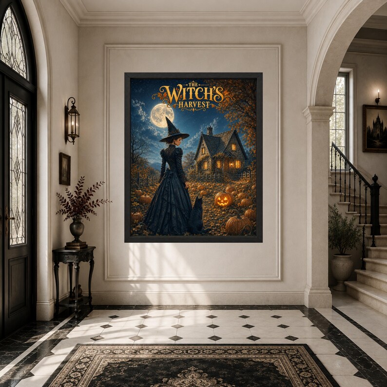 May include: A framed wall art print titled The Witch's Harvest, depicting a person in a black dress and pointed hat standing with a black cat in a pumpkin patch before a house under a full moon, with orange and dark blue color tones.